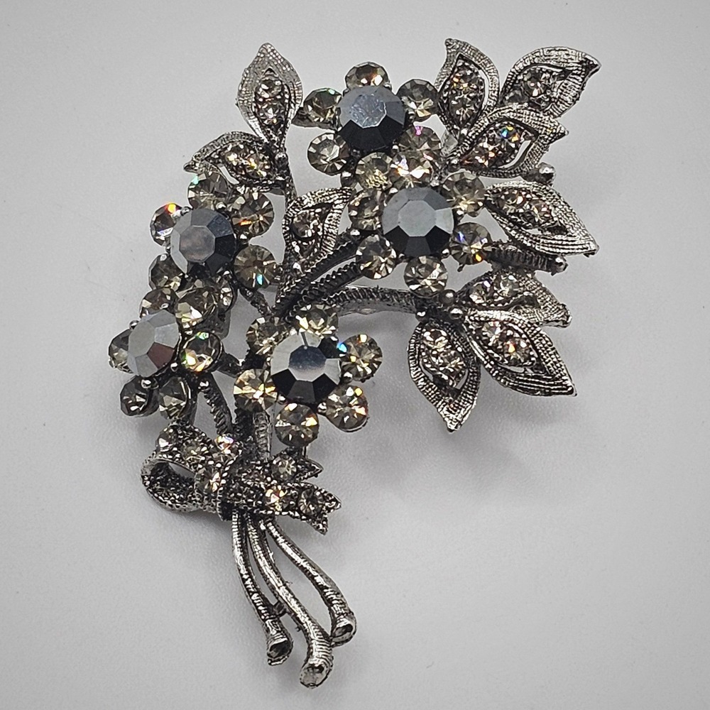 Floral Statement Brooch Dark Silver Gray Tone Rhinestone Pendant Bow 2.5" Pin